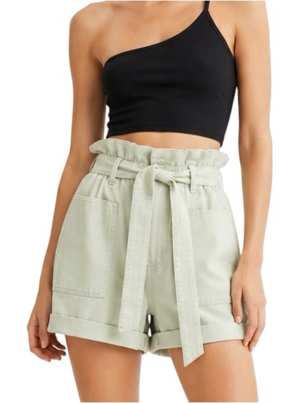Zara Women's Sage Green Paperbag High Rise Shorts with Belt